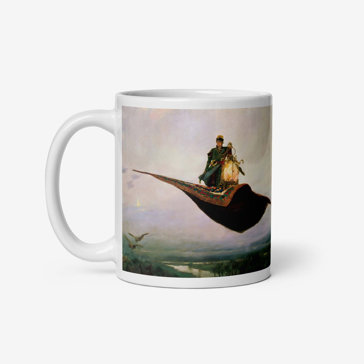 Vasnetsov Magic Carpet artwork printed in ultra-high resolution on a ceramic mug, featuring a fairytale scene with a flying carpet.