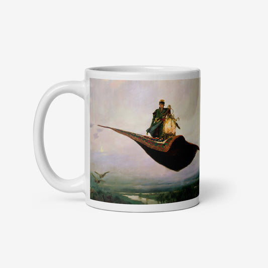 Vasnetsov Magic Carpet artwork printed in ultra-high resolution on a ceramic mug, featuring a fairytale scene with a flying carpet.