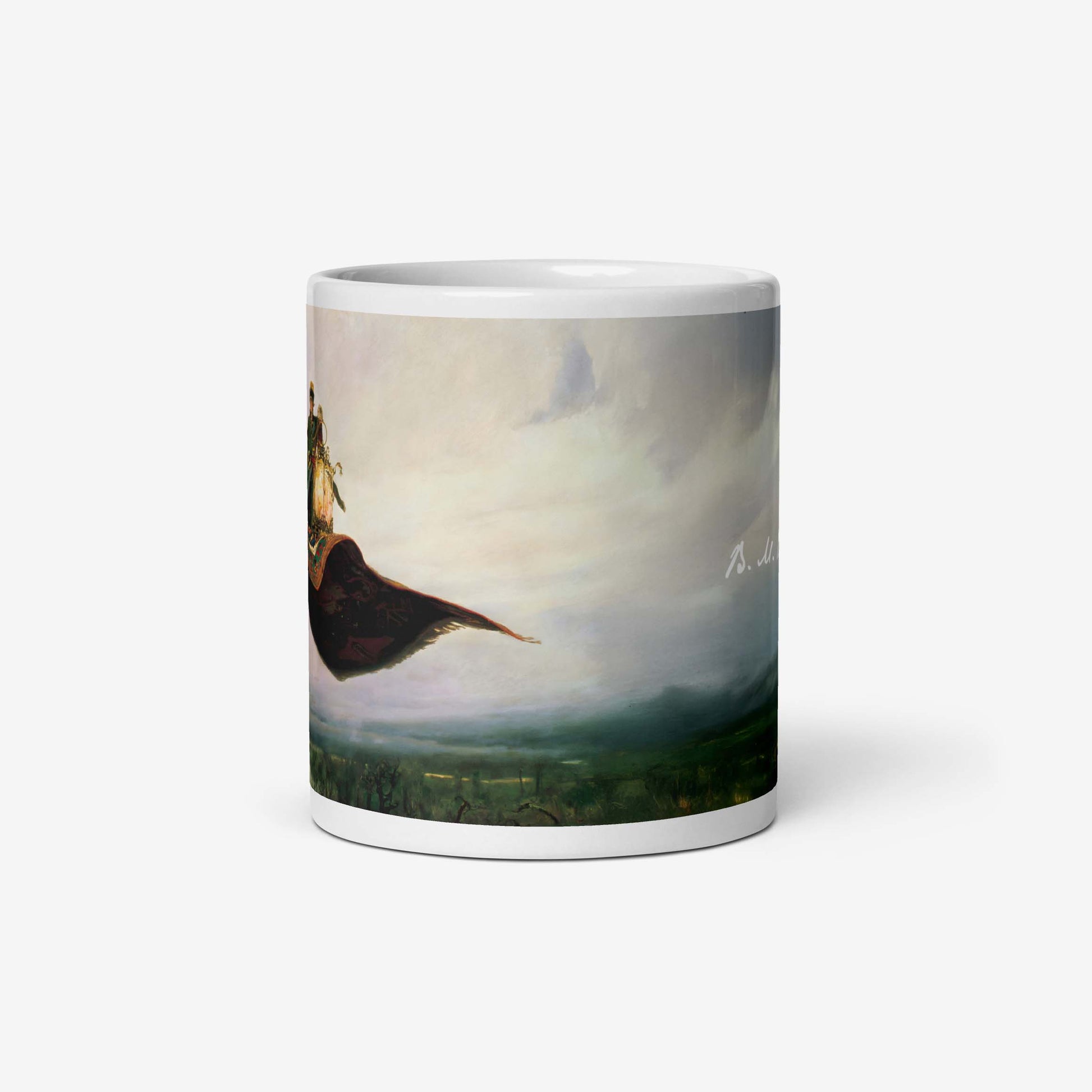 Vasnetsov Magic Carpet artwork printed in ultra-high resolution on a ceramic mug, featuring a fairytale scene with a flying carpet.