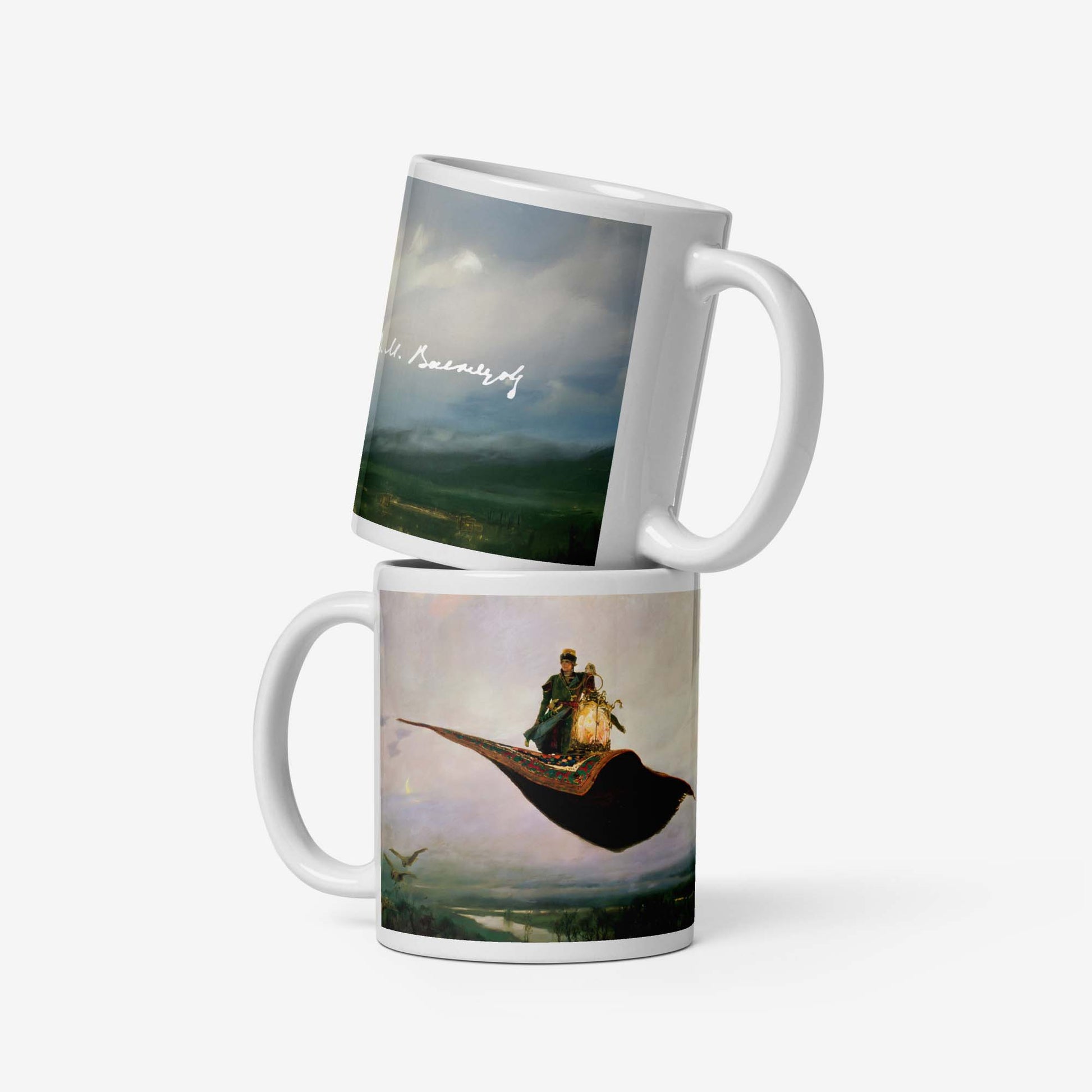 Vasnetsov Magic Carpet artwork printed in ultra-high resolution on a ceramic mug, featuring a fairytale scene with a flying carpet.