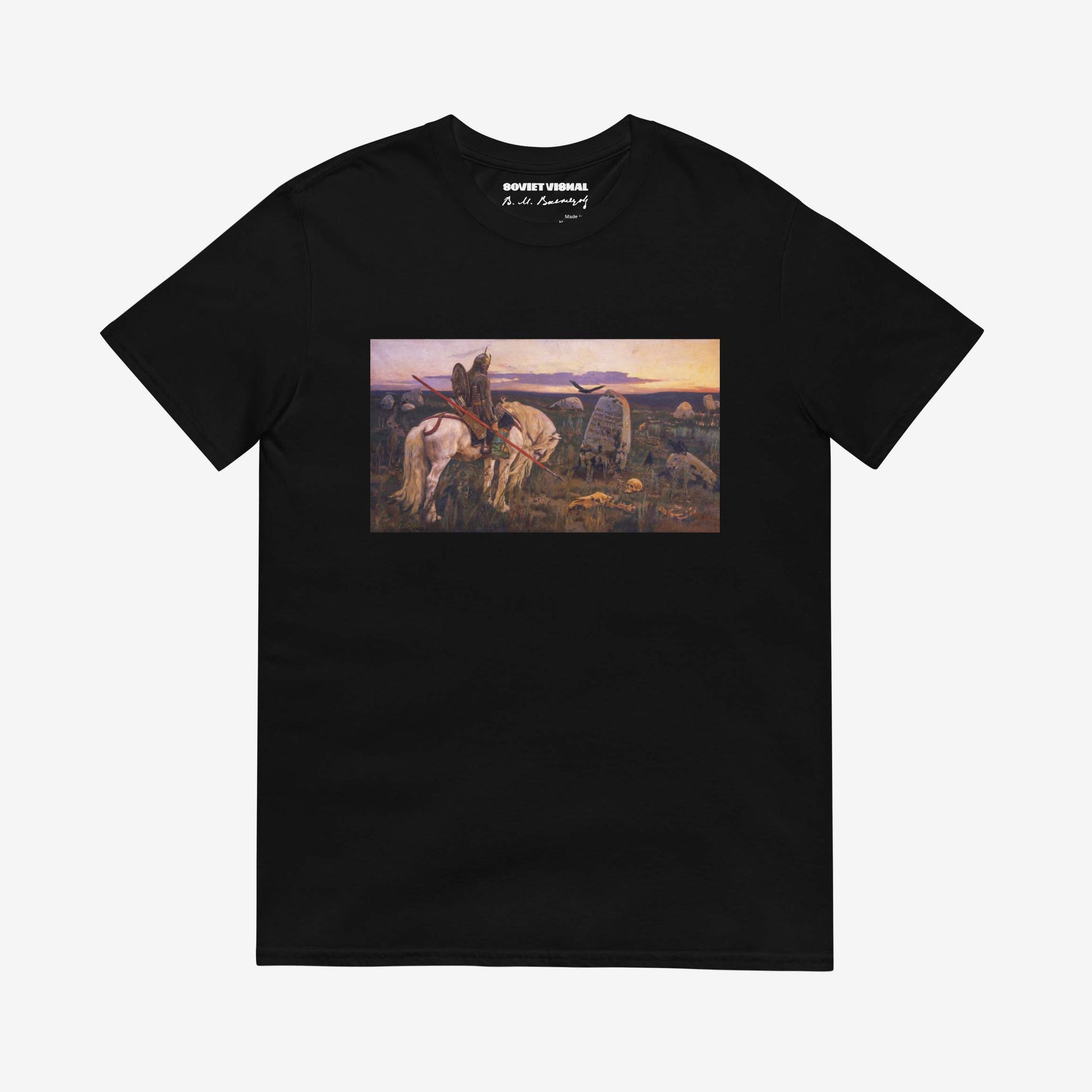 Vasnetsov Knight at the Crossroads T-shirt featuring a high-resolution print of the legendary Russian painting depicting a lone warrior at a stone crossroads.
