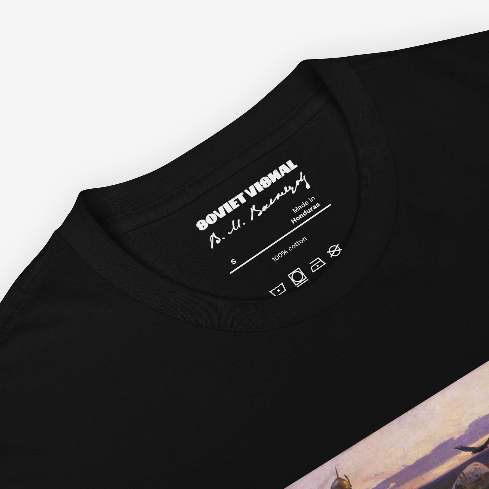 Vasnetsov Knight at the Crossroads T-shirt featuring a high-resolution print of the legendary Russian painting depicting a lone warrior at a stone crossroads.