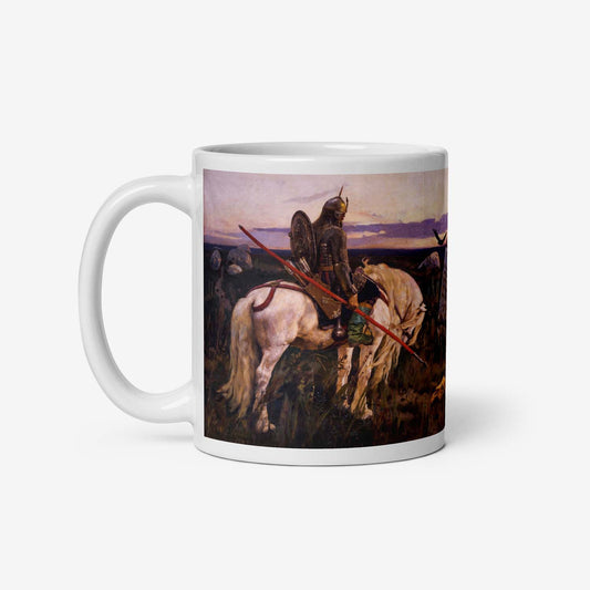 Vasnetsov Knight at the Crossroads mug featuring a high-quality reproduction of the iconic painting, with a medieval warrior at a crossroads.
