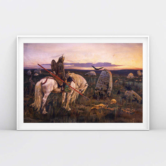 Vasnetsov Knight at the Crossroads poster in ultra-high resolution, featuring a warrior at a stone crossroads, printed on high-quality Japanese paper.