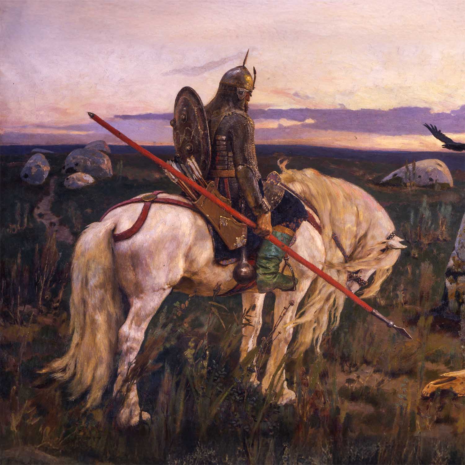 Vasnetsov Knight at the Crossroads poster in ultra-high resolution, featuring a warrior at a stone crossroads, printed on high-quality Japanese paper.