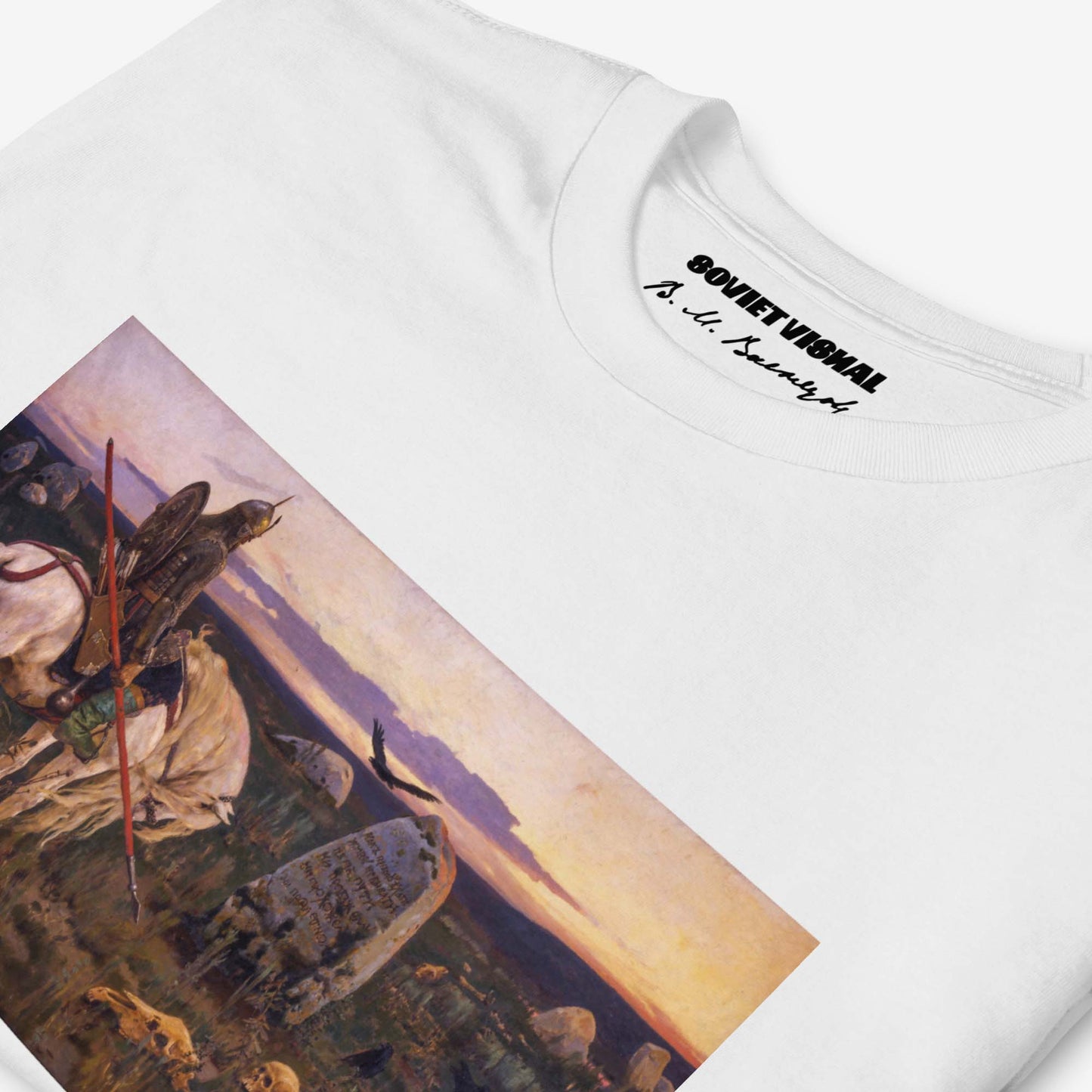 Vasnetsov Knight at the Crossroads T-shirt featuring a high-resolution print of the legendary Russian painting depicting a lone warrior at a stone crossroads.