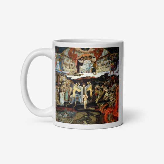 Vasnetsov Last Judgment artwork printed in ultra-high resolution on a ceramic mug, featuring a dramatic religious scene with angels and souls.