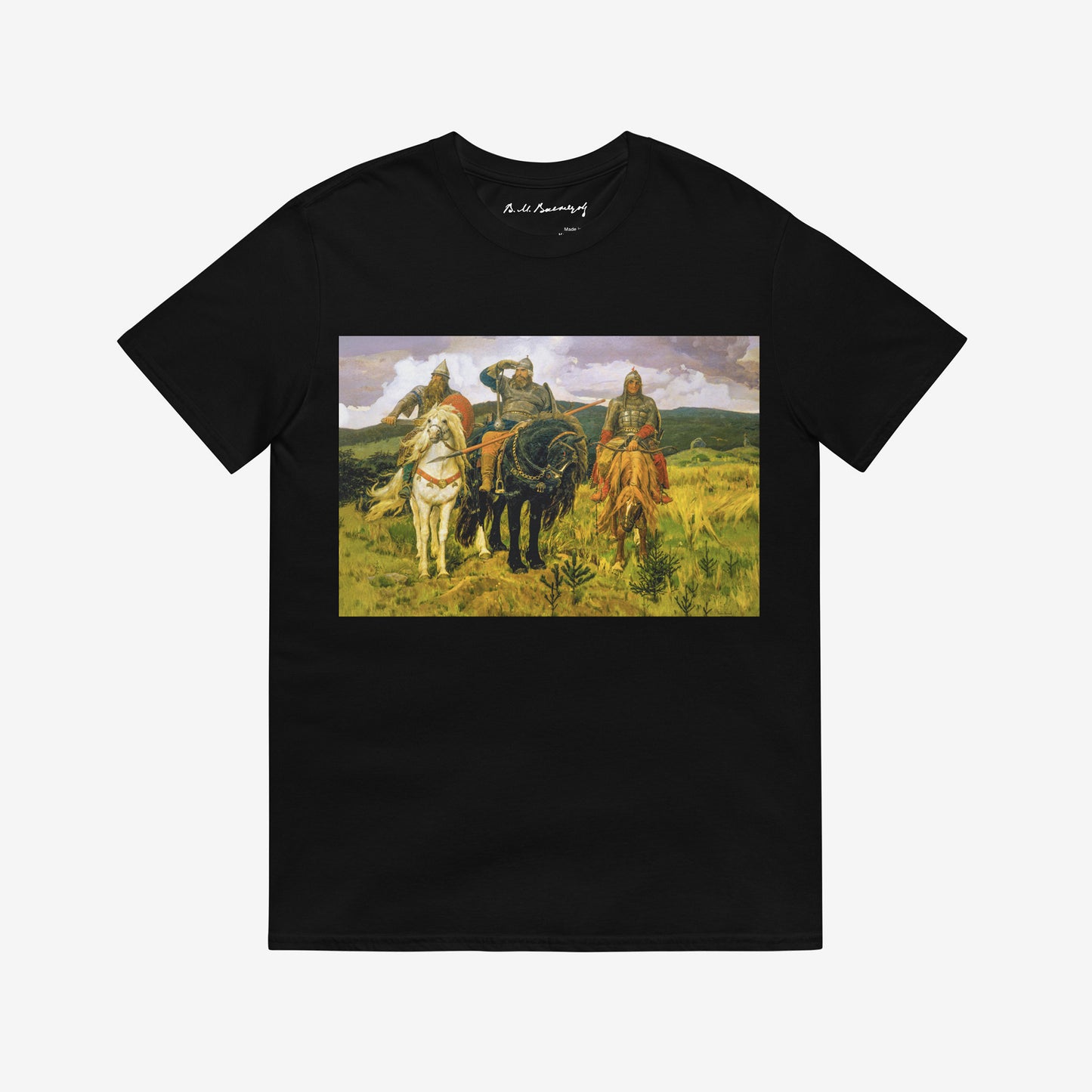 Black unisex T-shirt featuring large Viktor Vasnetsov Three Bogatyrs painting, depicting three legendary Russian warriors in a high-quality print. Vasnetsov's signature seen on branded necktag. www.artsoviet.com