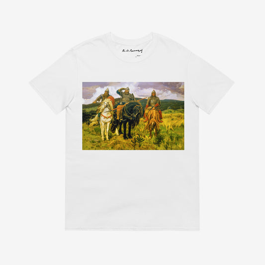 White unisex T-shirt featuring large Viktor Vasnetsov Three Bogatyrs painting, depicting three legendary Russian warriors in a high-quality print. www.artsoviet.com