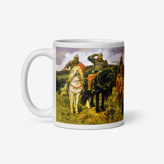 Vasnetsov Three Bogatyrs mug featuring a high-quality reproduction of the iconic painting, depicting three legendary Russian warriors.