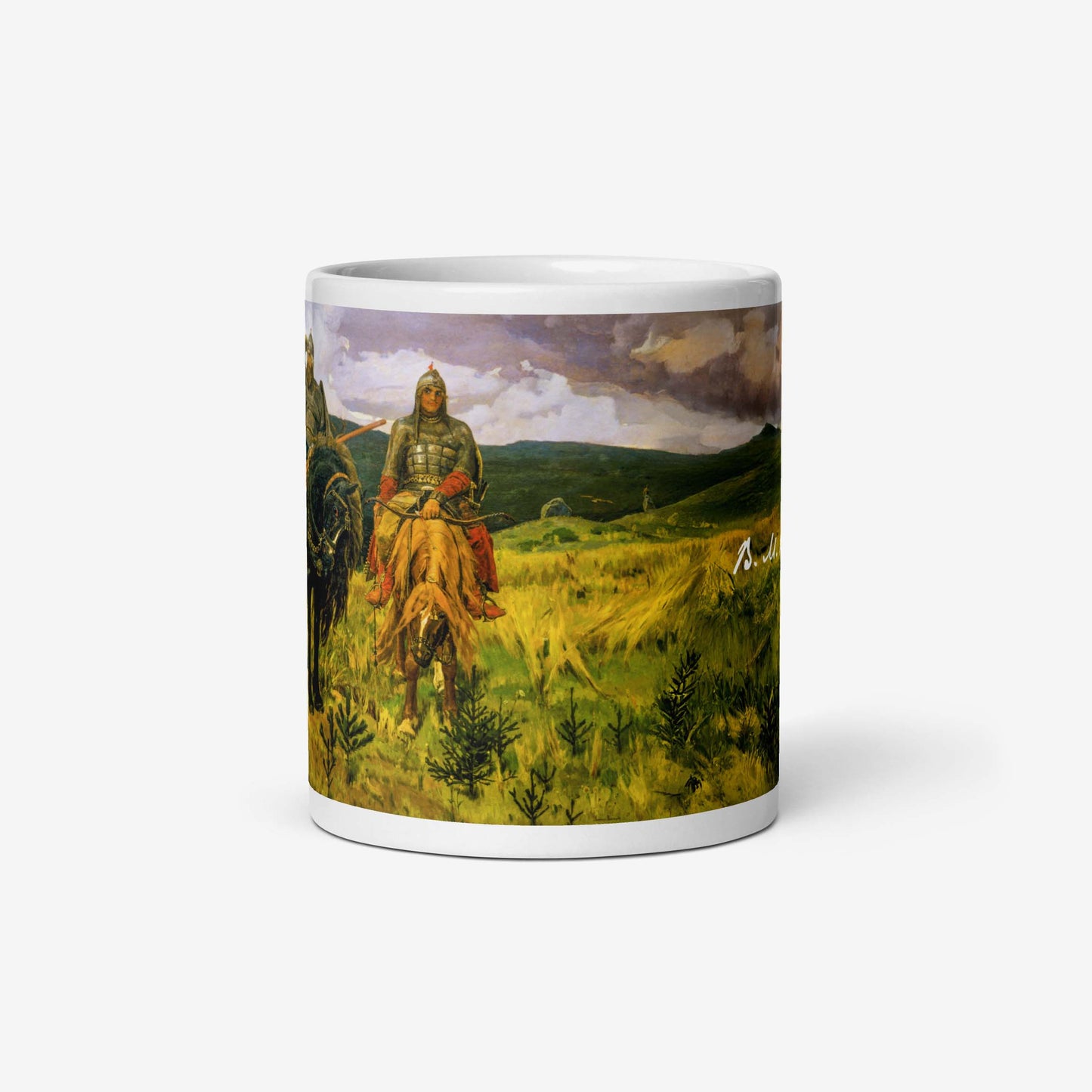 Vasnetsov Three Bogatyrs mug featuring a high-quality reproduction of the iconic painting, depicting three legendary Russian warriors.