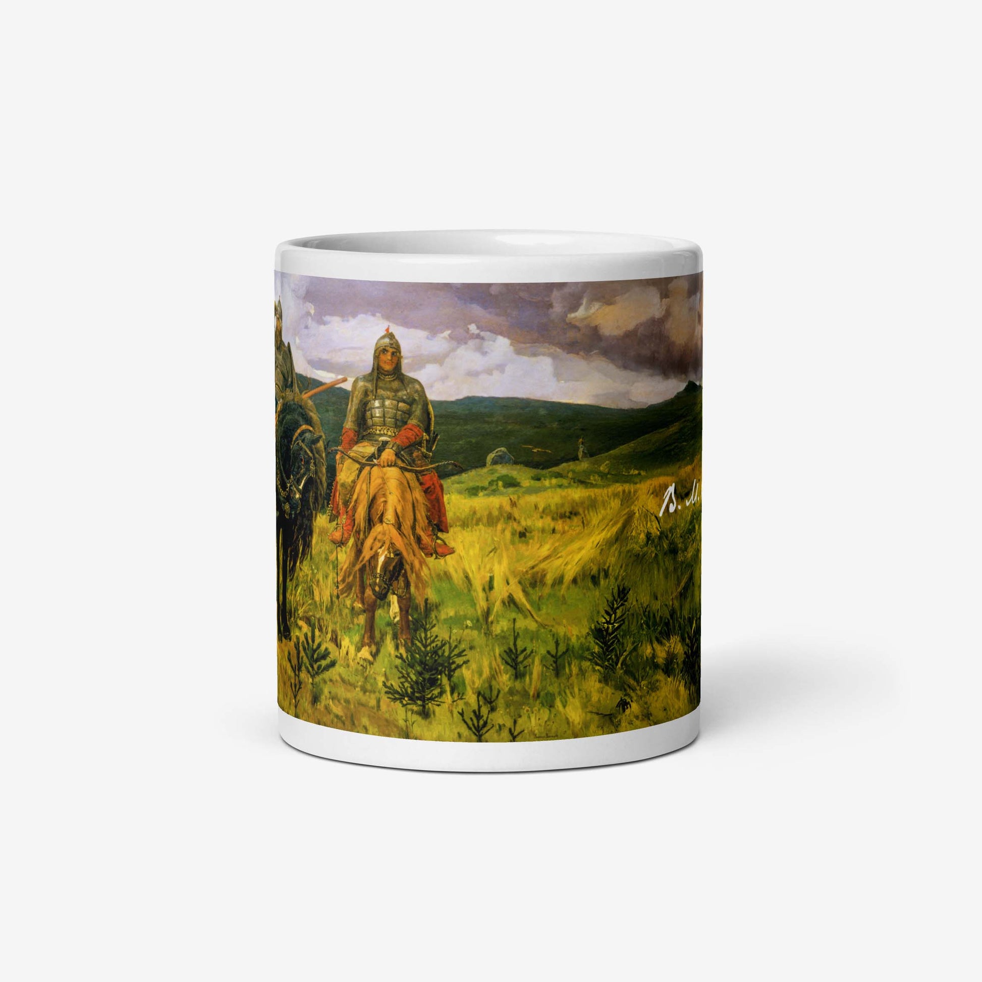 Vasnetsov Three Bogatyrs mug featuring a high-quality reproduction of the iconic painting, depicting three legendary Russian warriors.