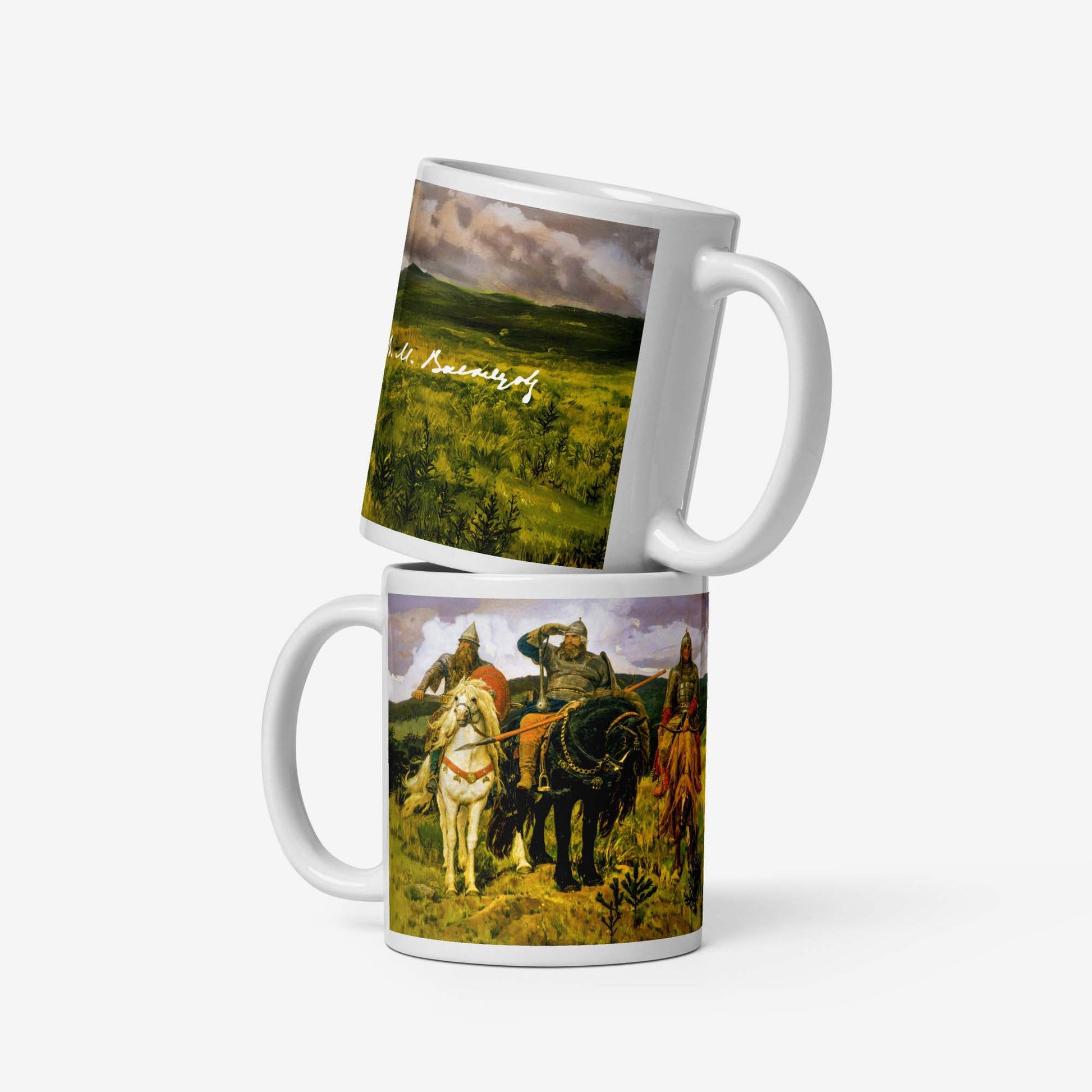 Vasnetsov Three Bogatyrs mug featuring a high-quality reproduction of the iconic painting, depicting three legendary Russian warriors.
