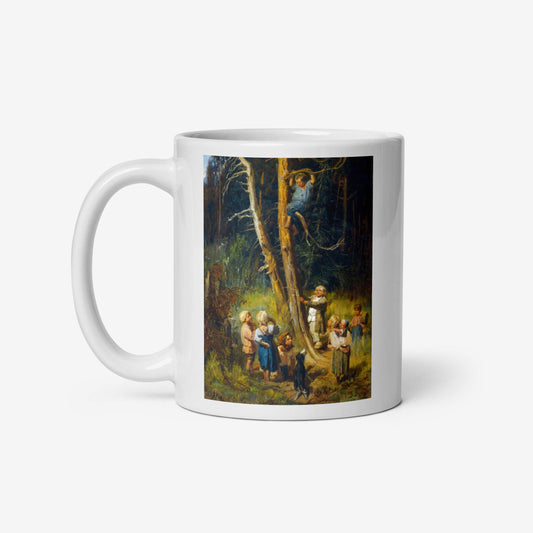 Vasnetsov Children in the Forest printed on a high-quality 11 oz ceramic mug, showcasing two children in a mystical forest scene.