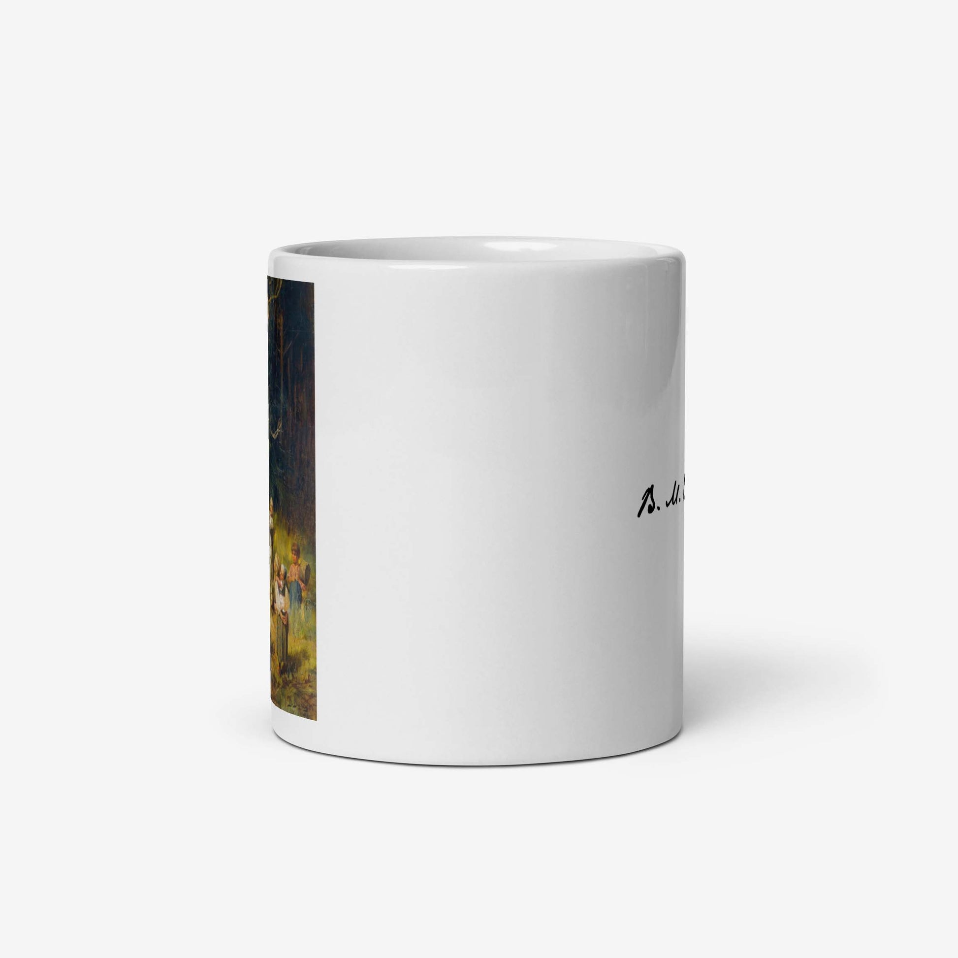 Vasnetsov Children in the Forest printed on a high-quality 11 oz ceramic mug, showcasing two children in a mystical forest scene.