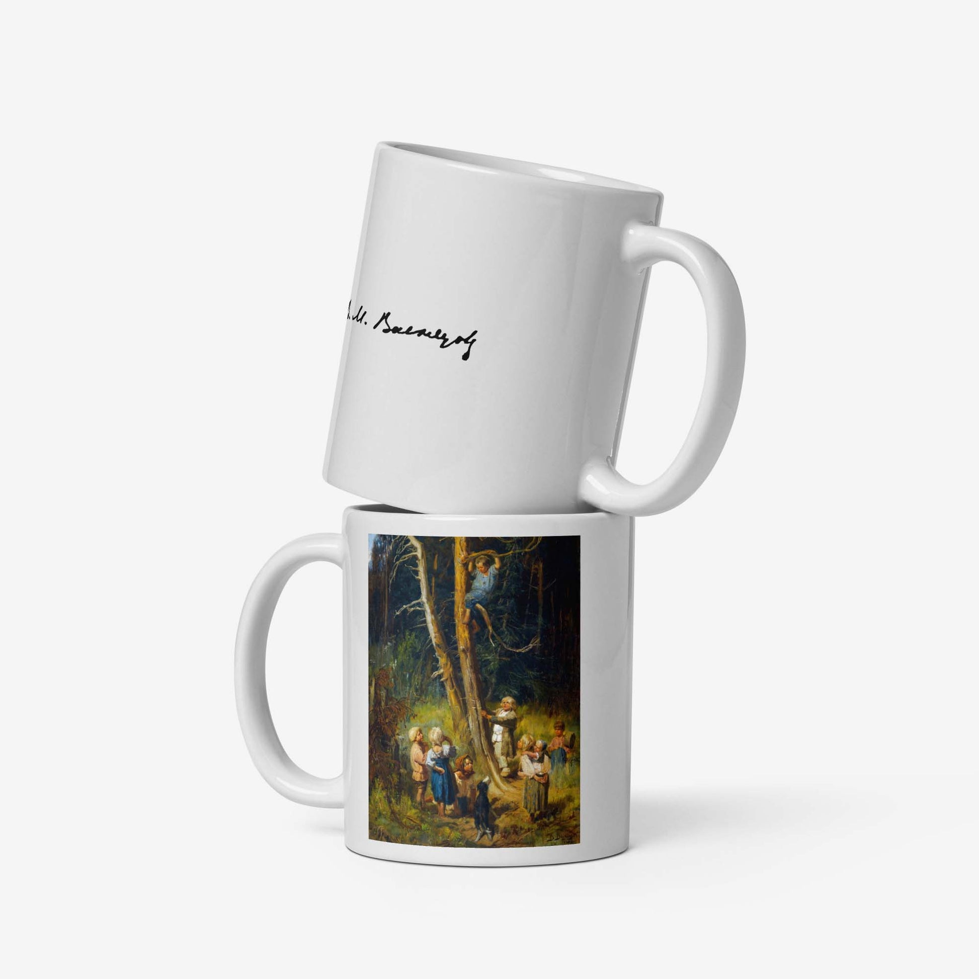 Vasnetsov Children in the Forest printed on a high-quality 11 oz ceramic mug, showcasing two children in a mystical forest scene.
