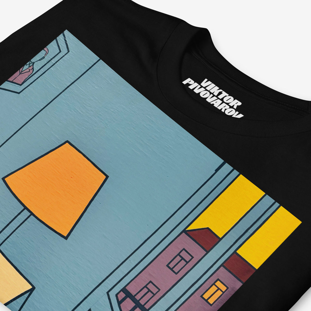 Black unisex Tee featuring large print of Viktor Pivovarov's artwork 'This is radio Moscow'. Closeup
