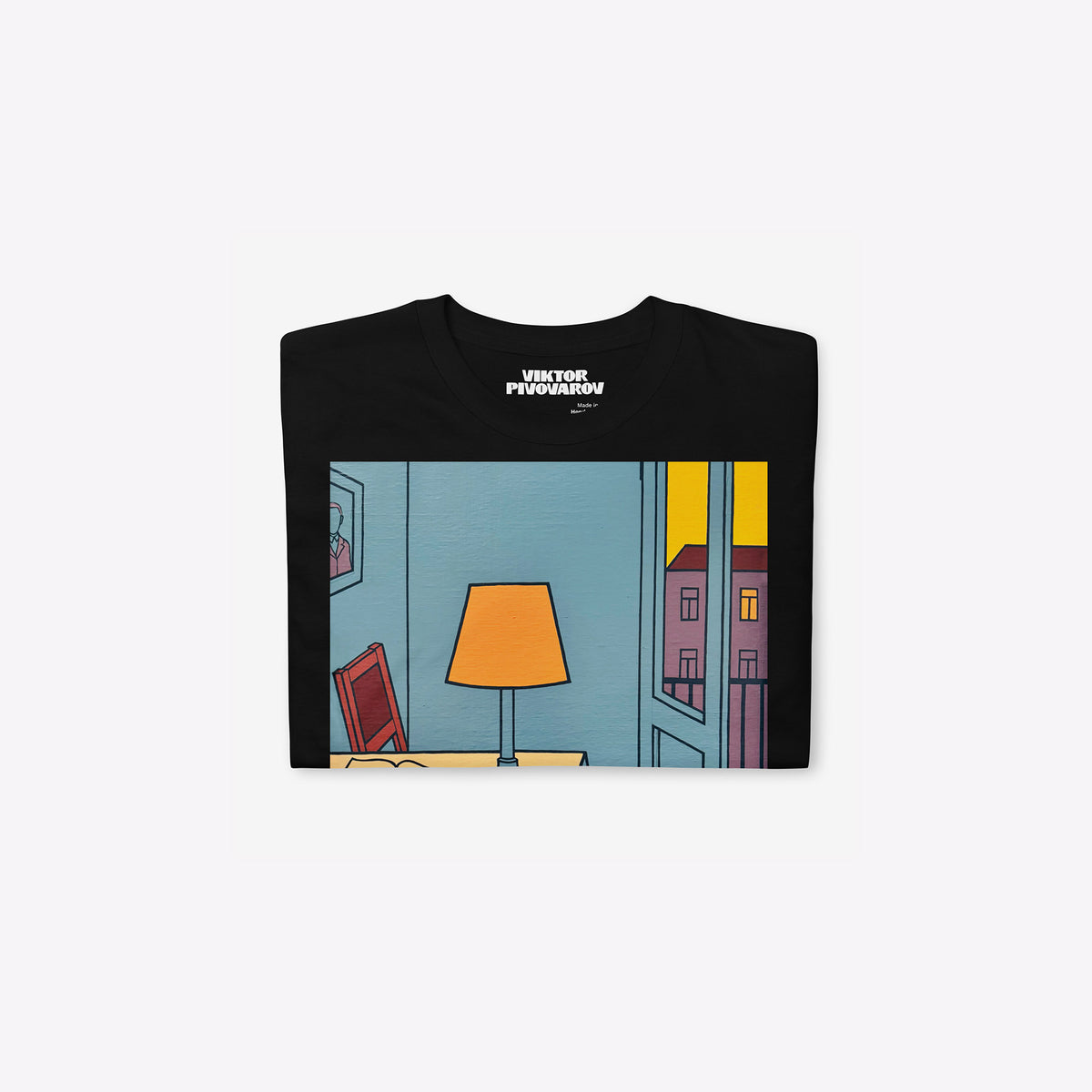 Black unisex Tee featuring large print of Viktor Pivovarov's artwork 'This is radio Moscow'. Folded