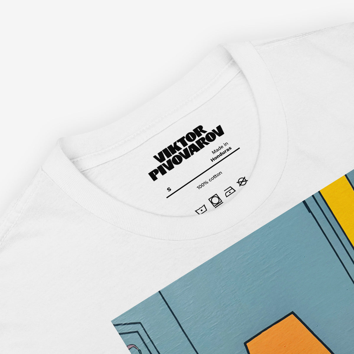 White unisex Tee featuring large print of Viktor Pivovarov's artwork 'This is radio Moscow'. Closeup