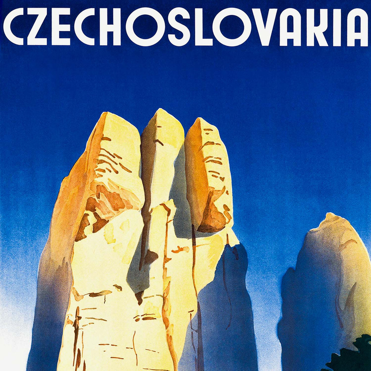 1930s Czechoslovakia travel poster by Ladislav Horak showing Prachov Rocks sandstone formations in Art Deco style. Closeup.