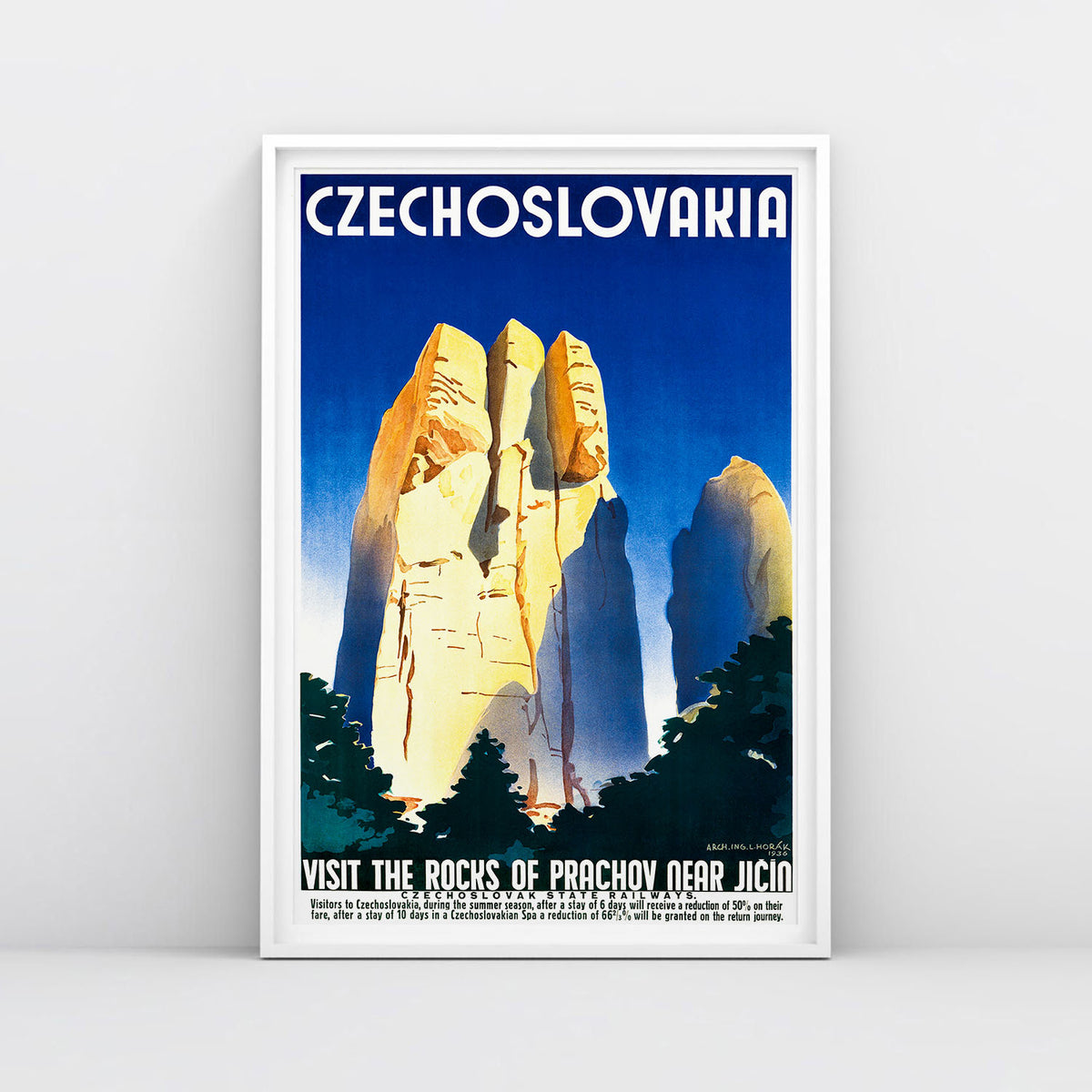 1930s Czechoslovakia travel poster by Ladislav Horak showing Prachov Rocks sandstone formations in Art Deco style. Framed.