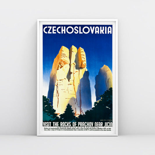 1930s Czechoslovakia travel poster by Ladislav Horak showing Prachov Rocks sandstone formations in Art Deco style. Framed.