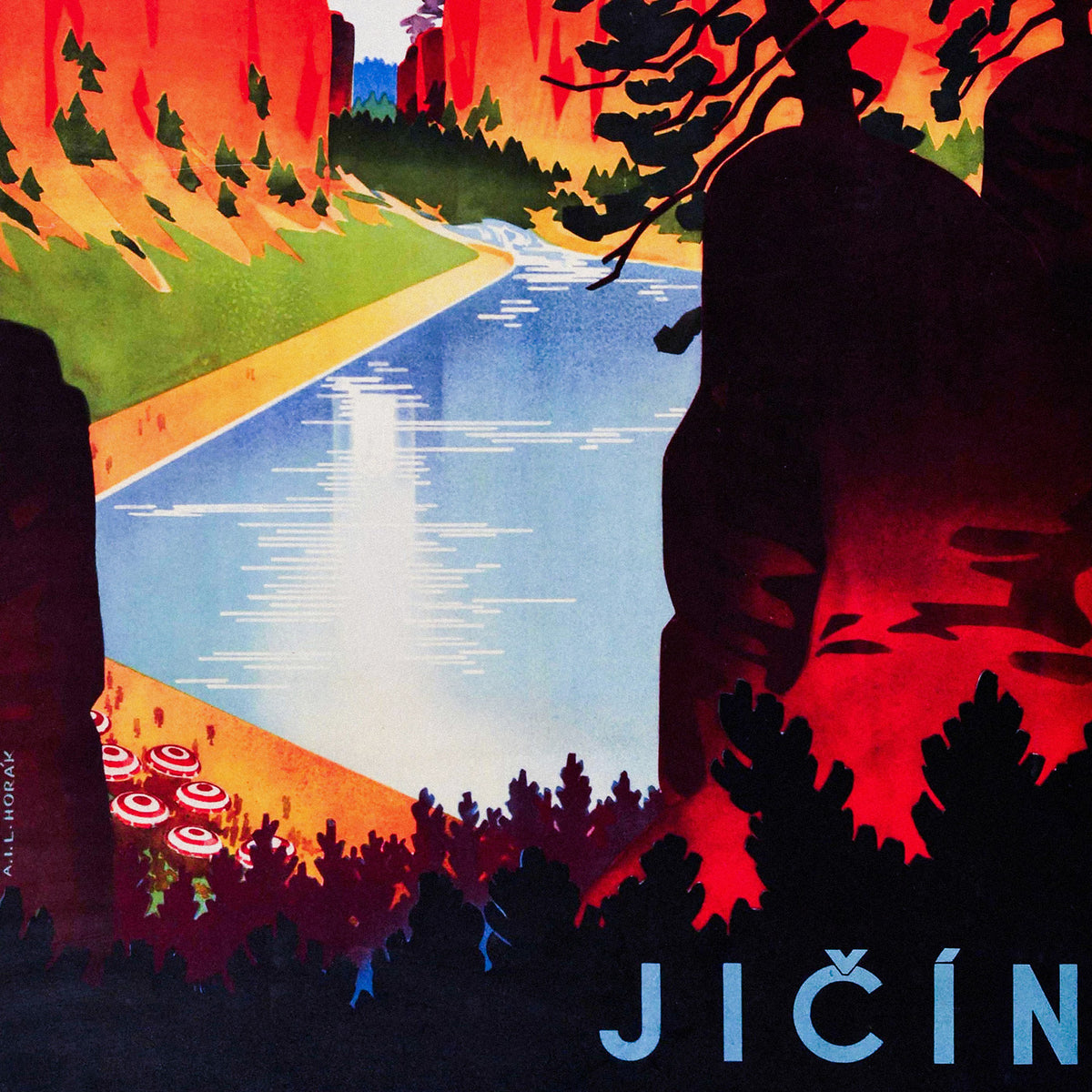 1930s Czechoslovakia travel poster by Ladislav Horak showing Prachov Rocks sandstone formations in Art Deco style. Large size 62x91cm. Framed. www.artsoviet.com. Closeup. 