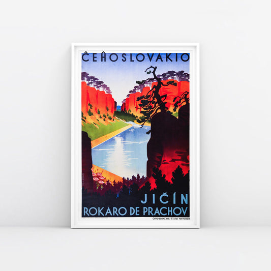 1930s Czechoslovakia travel poster by Ladislav Horak showing Prachov Rocks sandstone formations in Art Deco style. Large size 62x91cm. Framed.