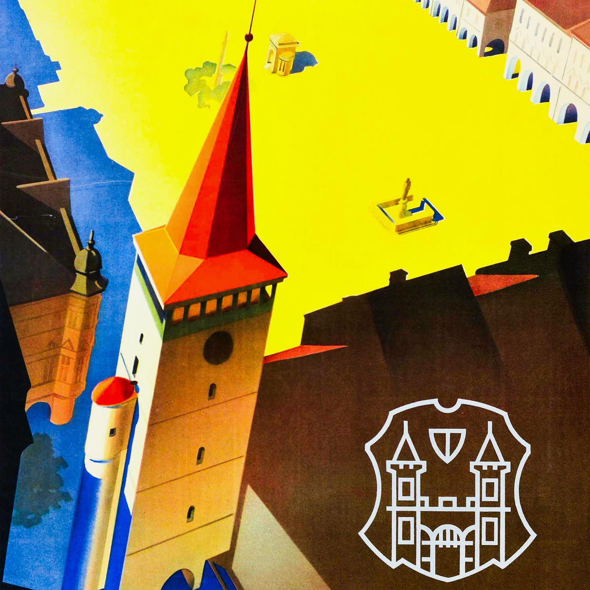1930s Czechoslovakia travel poster by Ladislav Horak showing Jicin Valdicka Brana gate tower and square in Art Deco style. Closeup. 