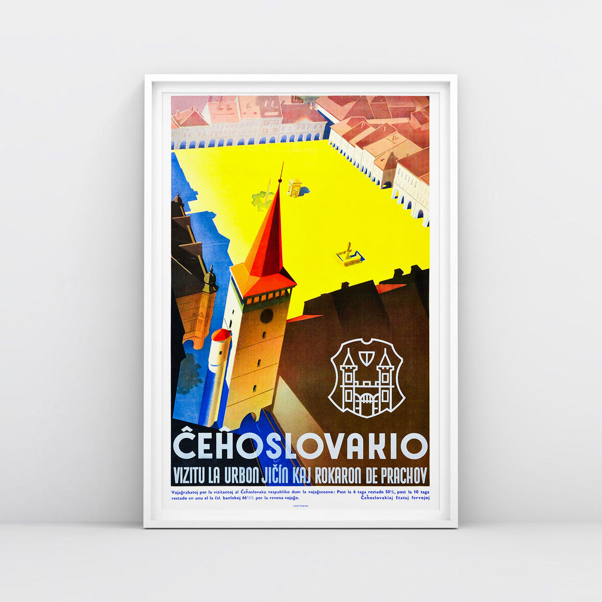 1930s Czechoslovakia travel poster by Ladislav Horak showing Jicin Valdicka Brana gate tower and square in Art Deco style. Framed.