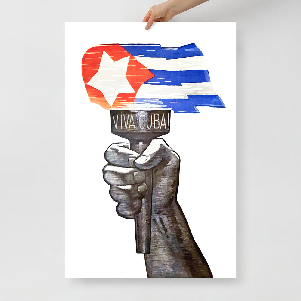 Poster with powerful Cuban design – raised fist holding torch with fire styled as Cuban flag. Red, blue, white and black