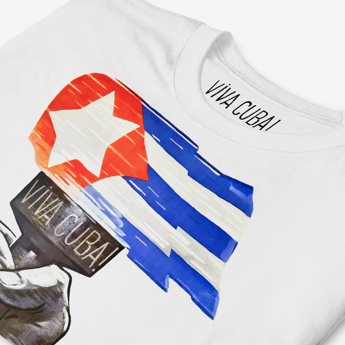 Vintage white unisex T-shirt featuring large print with a hand holding a torch with flames in shape of a Cuban flag. Original Soviet Cold-War era solidarity propaganda. Closeup. www.artsoviet.com