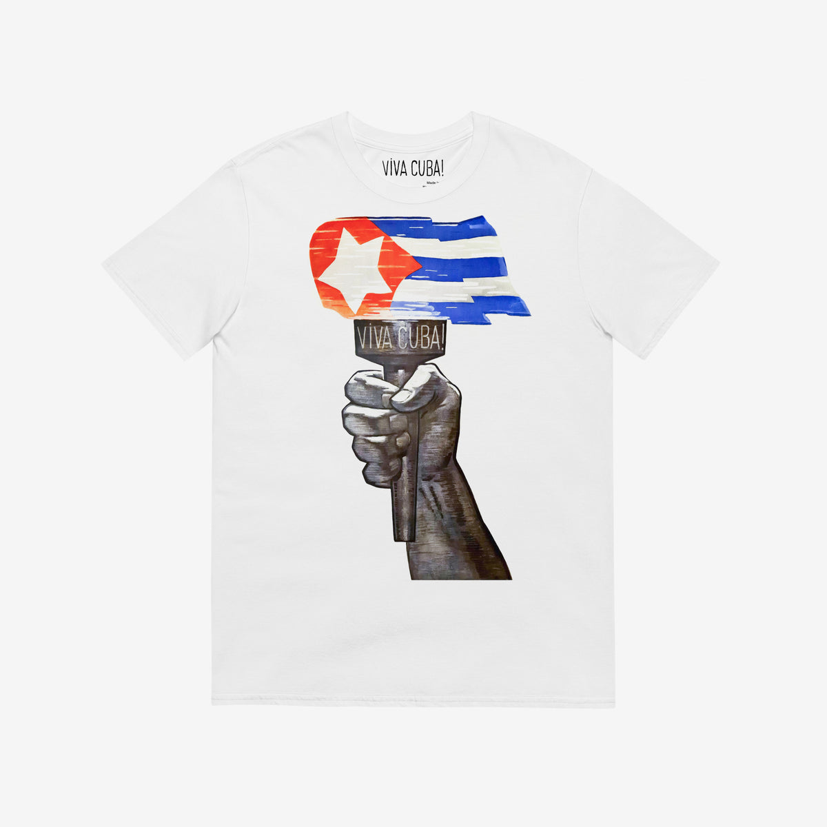 Vintage white unisex T-shirt featuring large print with a hand holding a torch with flames in shape of a Cuban flag. Original Soviet Cold-War era solidarity propaganda. www.artsoviet.com