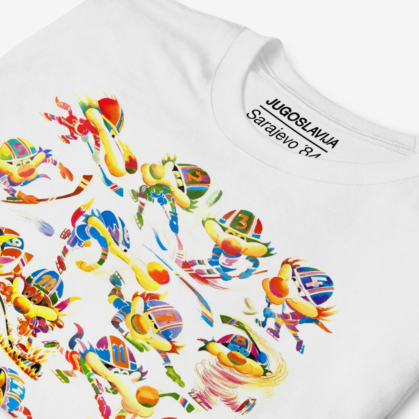 Unisex T-shirt featuring Vučko the wolf from Sarajevo 1984 Olympics – rare Yugoslav design in high quality. Closeup design details. www.artsoviet.com