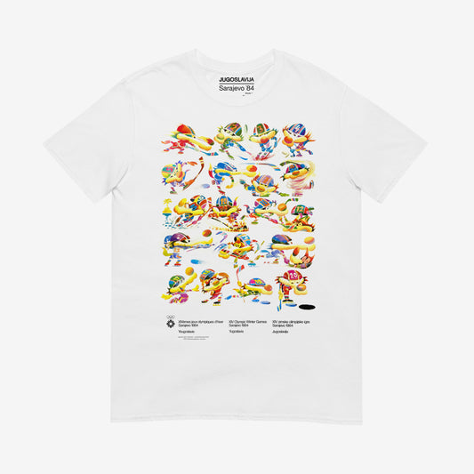 Unisex T-shirt featuring Vučko the wolf from Sarajevo 1984 Olympics – rare Yugoslav design in high quality. www.artsoviet.com