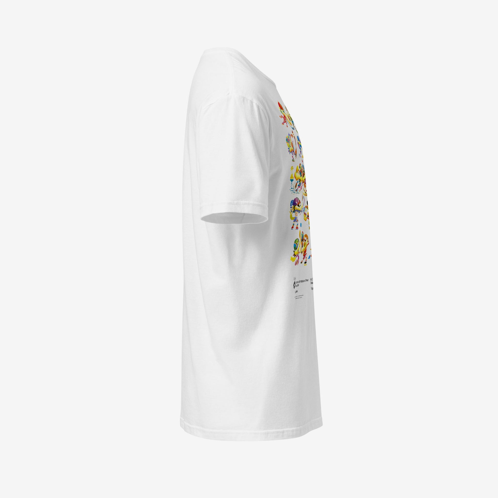 Unisex T-shirt featuring Vučko the wolf from Sarajevo 1984 Olympics – rare Yugoslav design in high quality. Side photo. www.artsoviet.com