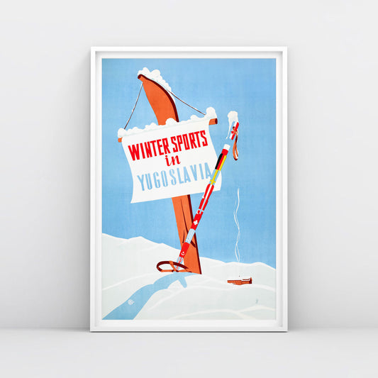 Vintage skiing travel poster from Yugoslavia with winter sports scene, archival high-res print