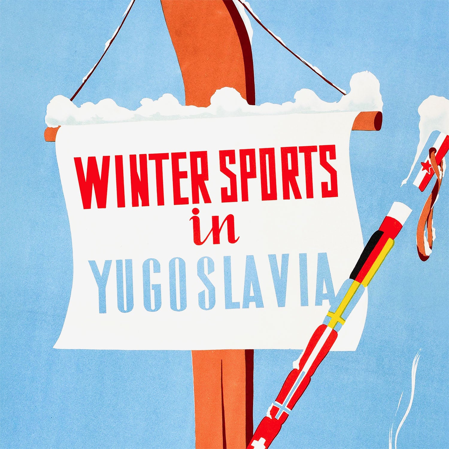 Vintage skiing travel poster from Yugoslavia with winter sports scene, archival high-res print