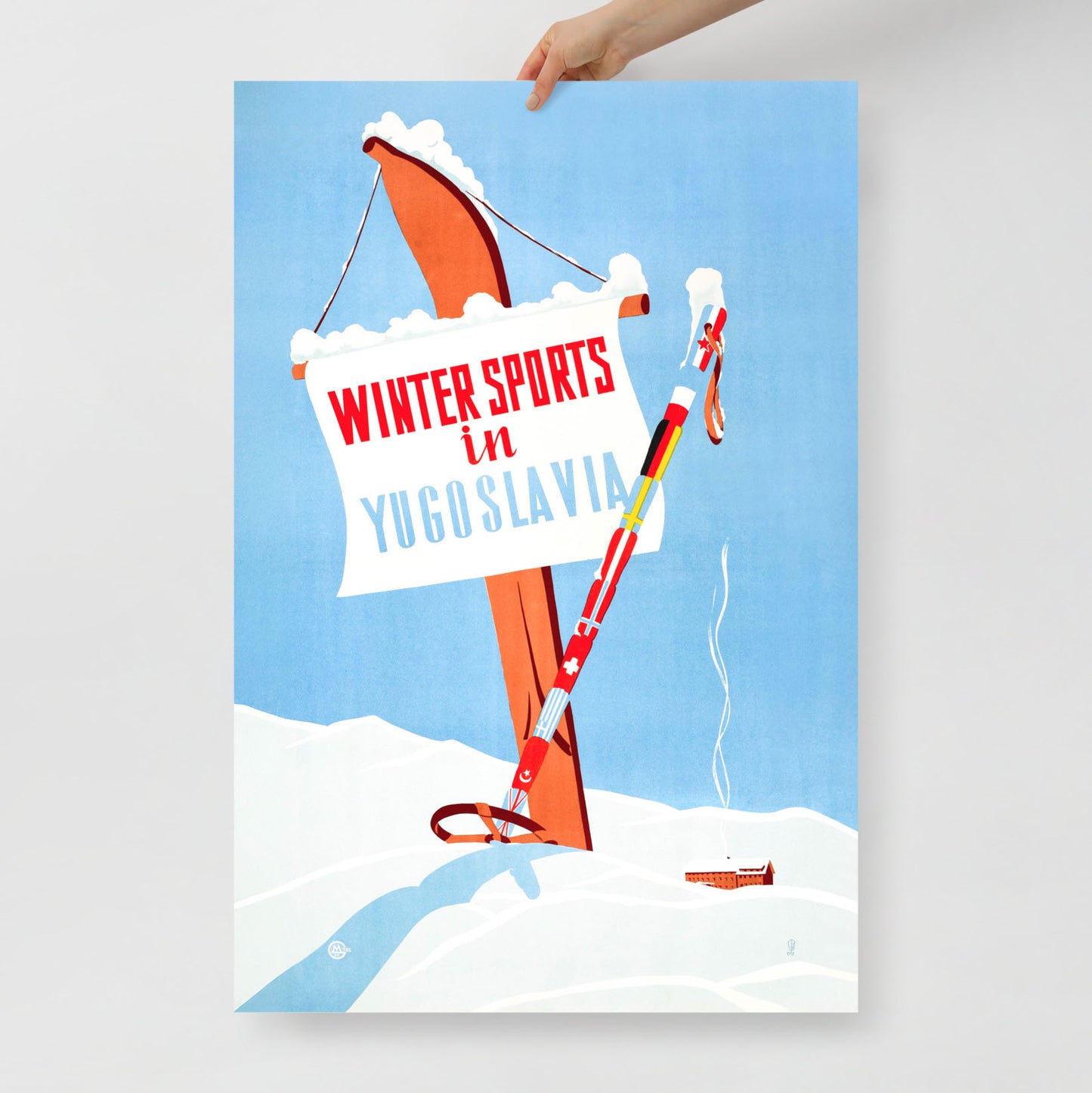 Vintage skiing travel poster from Yugoslavia with winter sports scene, archival high-res print