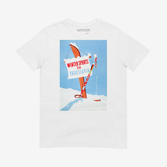 Vintage Yugoslavia skiing T-shirt with winter sports travel poster art, unisex fit