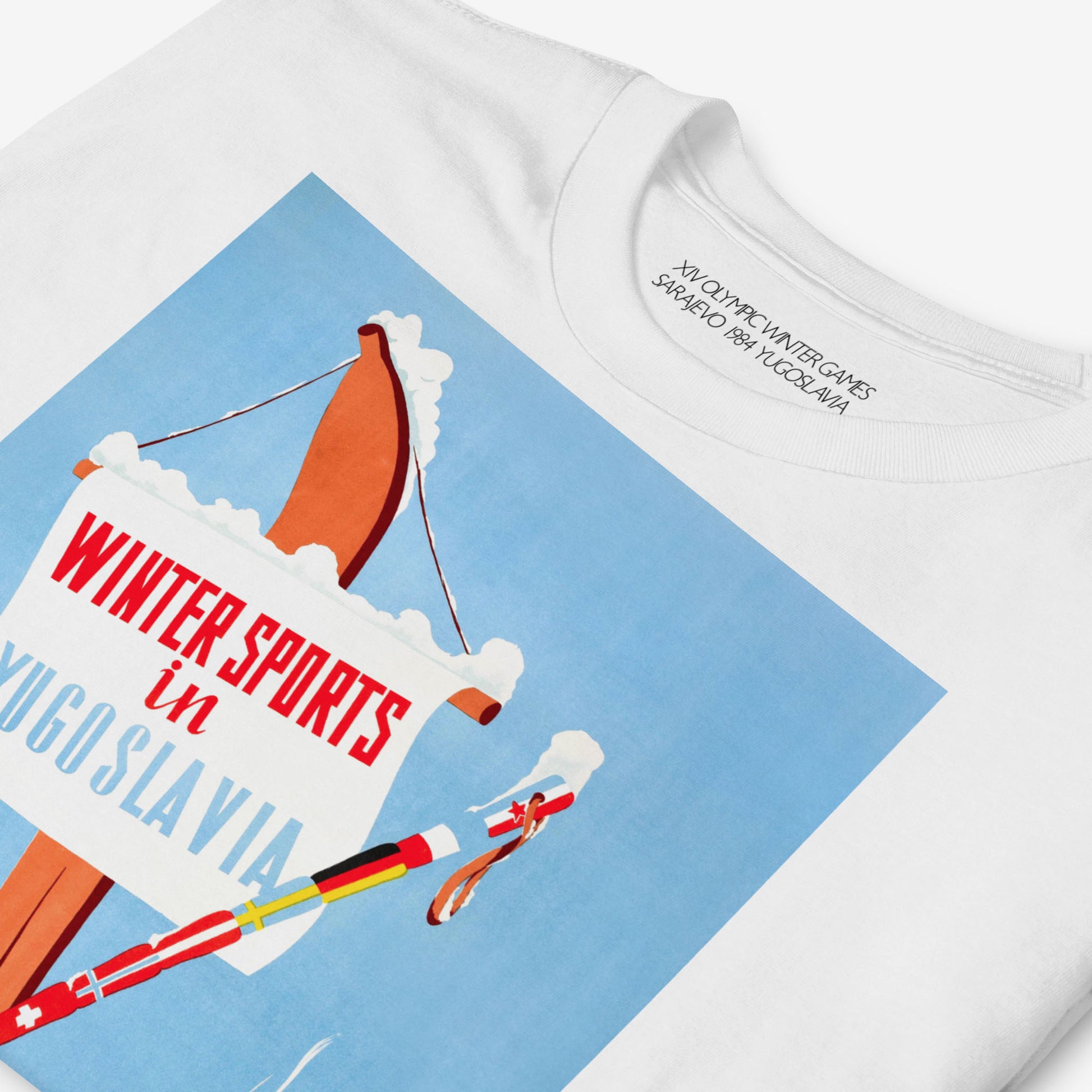 Vintage Yugoslavia skiing T-shirt with winter sports travel poster art, unisex fit