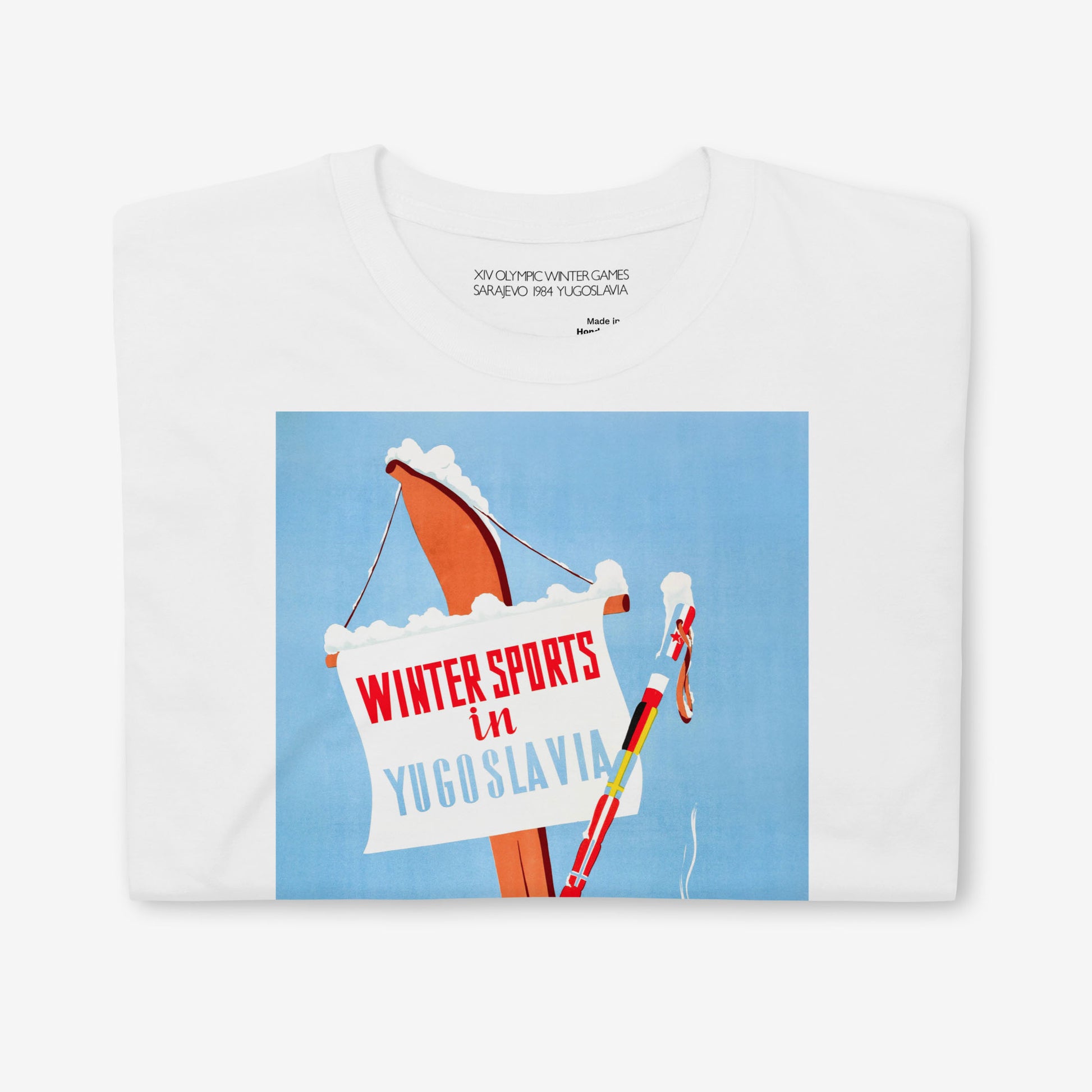 Vintage Yugoslavia skiing T-shirt with winter sports travel poster art, unisex fit