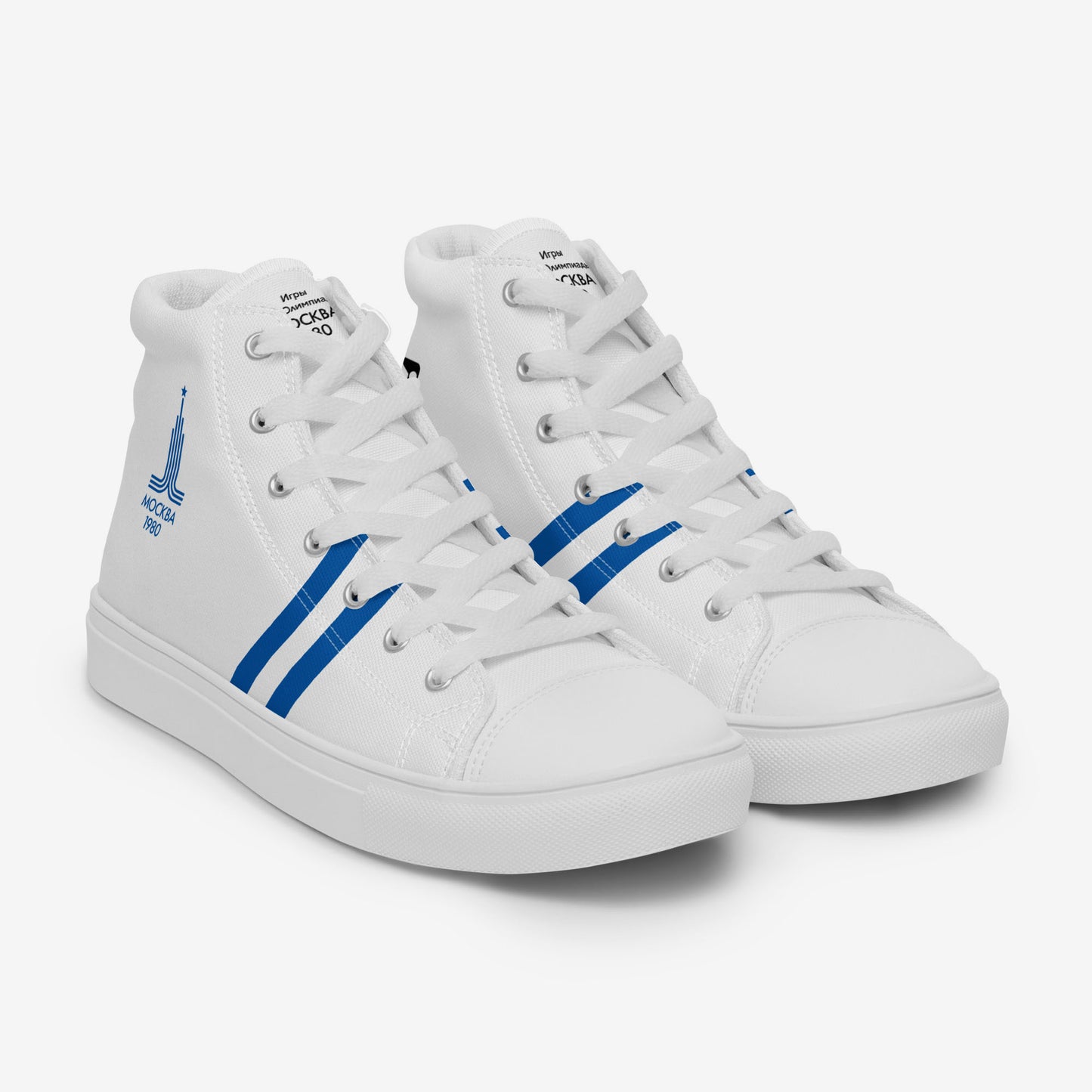Womens Moscow 1980 Olympic Games high-top shoes with vintage navy graphics on white canvas, featuring the Olympic emblem and retro stripes.