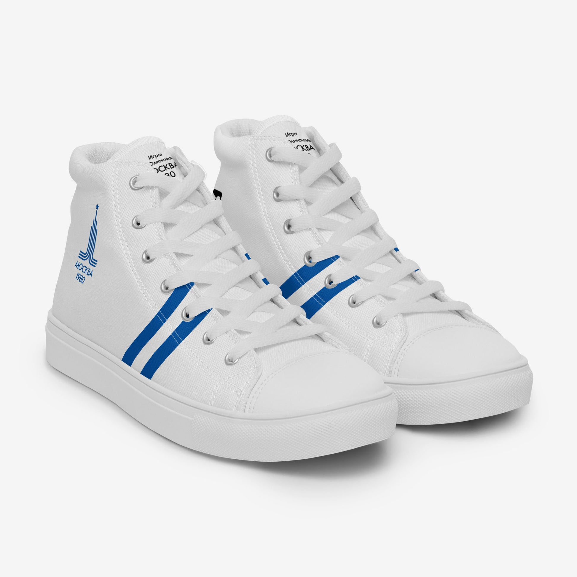 Womens Moscow 1980 Olympic Games high-top shoes with vintage navy graphics on white canvas, featuring the Olympic emblem and retro stripes.
