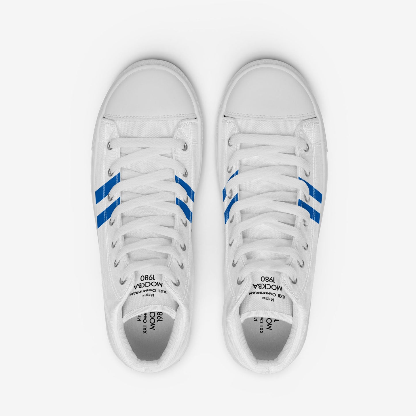 Womens Moscow 1980 Olympic Games high-top shoes with vintage navy graphics on white canvas, featuring the Olympic emblem and retro stripes.