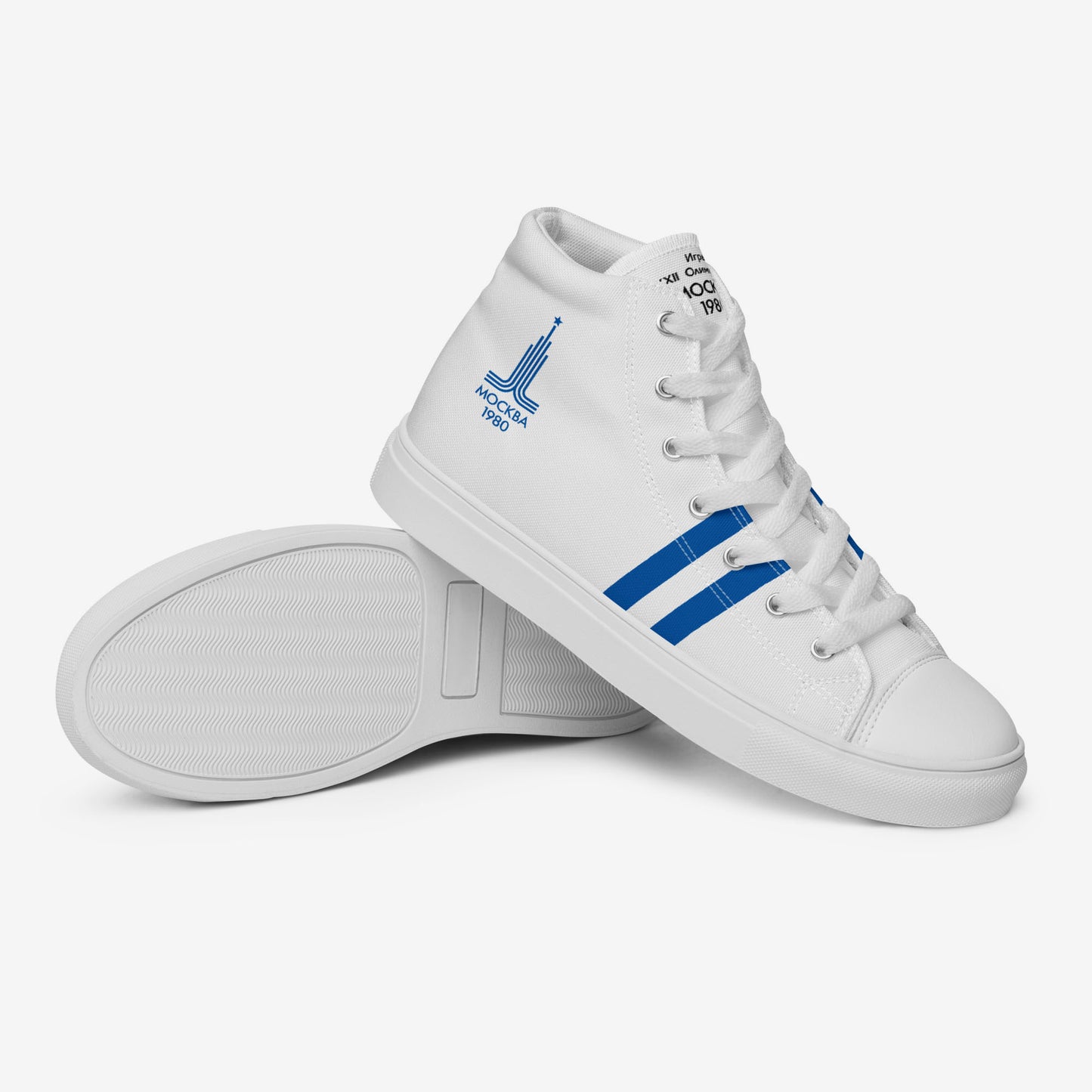 Womens Moscow 1980 Olympic Games high-top shoes with vintage navy graphics on white canvas, featuring the Olympic emblem and retro stripes.
