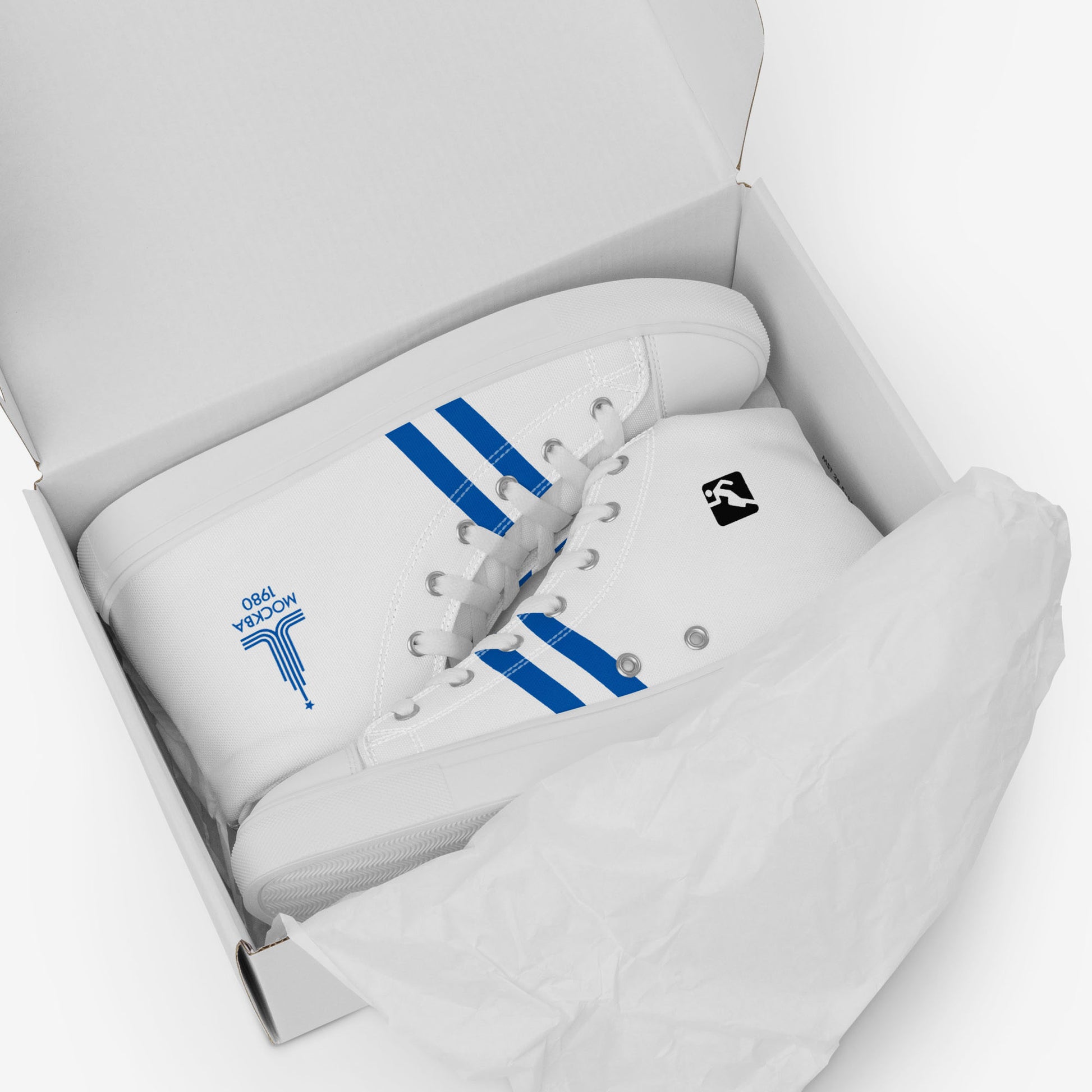 Womens Moscow 1980 Olympic Games high-top shoes with vintage navy graphics on white canvas, featuring the Olympic emblem and retro stripes.