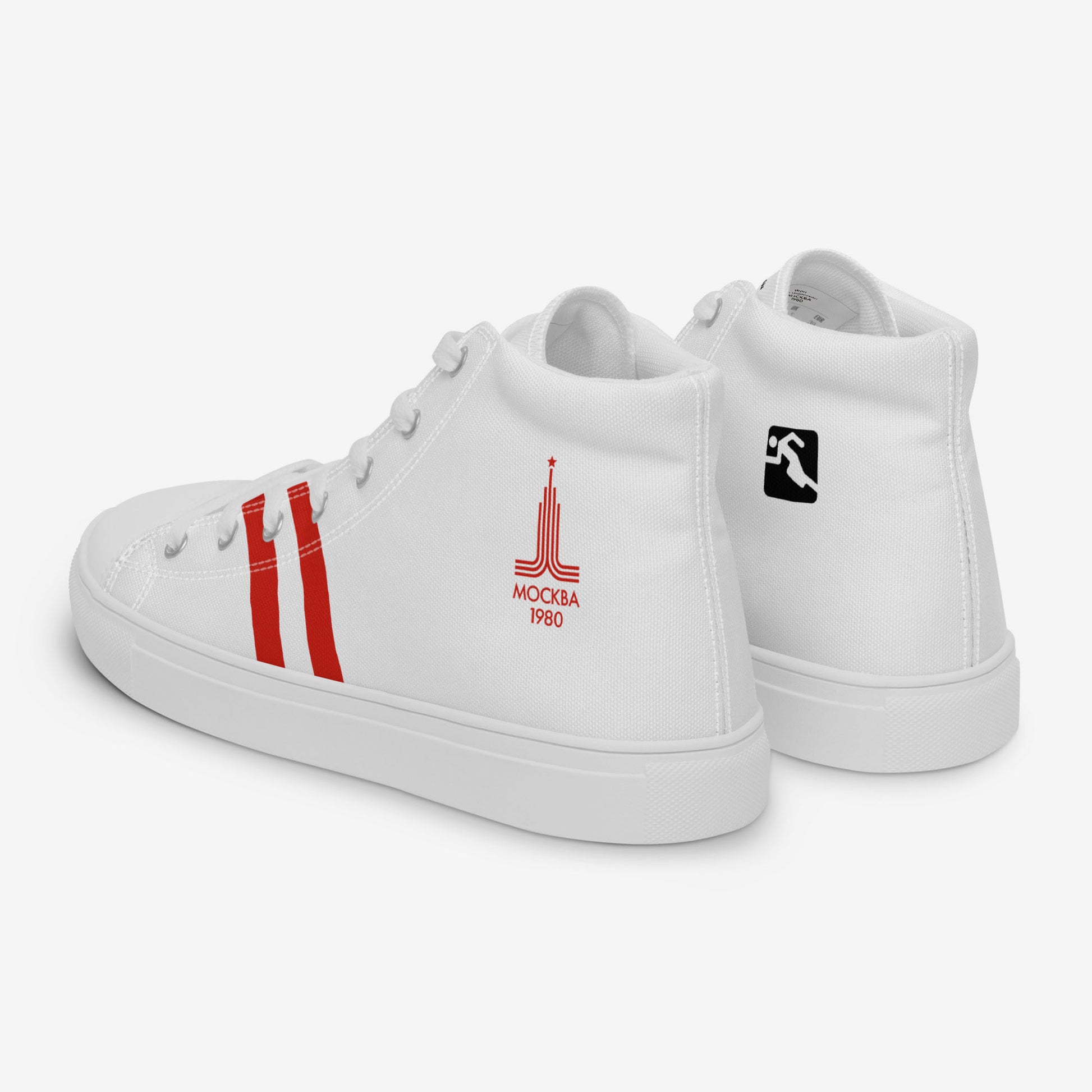 Womens Moscow 1980 Olympic Games high-top shoes with vintage navy graphics on white canvas, featuring the Olympic emblem and retro stripes.