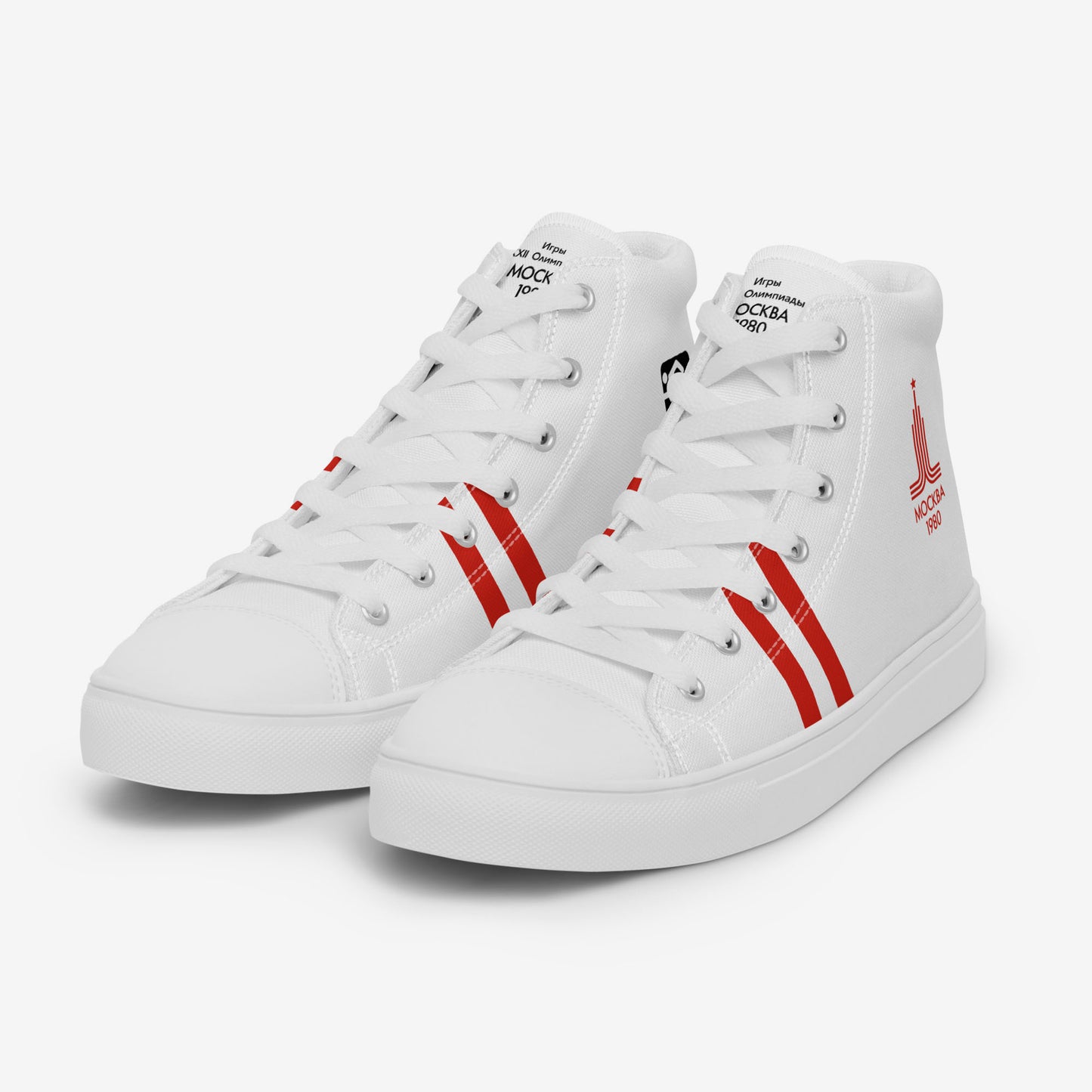Womens Moscow 1980 Olympic Games high-top shoes with vintage navy graphics on white canvas, featuring the Olympic emblem and retro stripes.