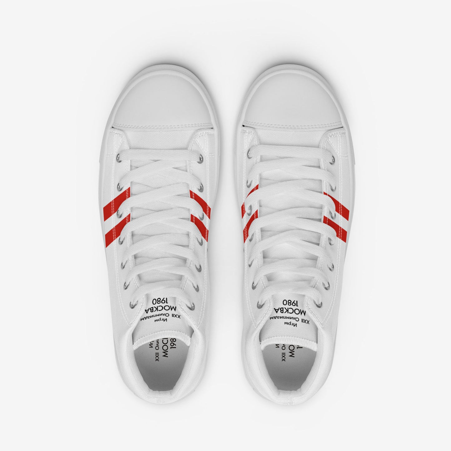 Womens Moscow 1980 Olympic Games high-top shoes with vintage navy graphics on white canvas, featuring the Olympic emblem and retro stripes.